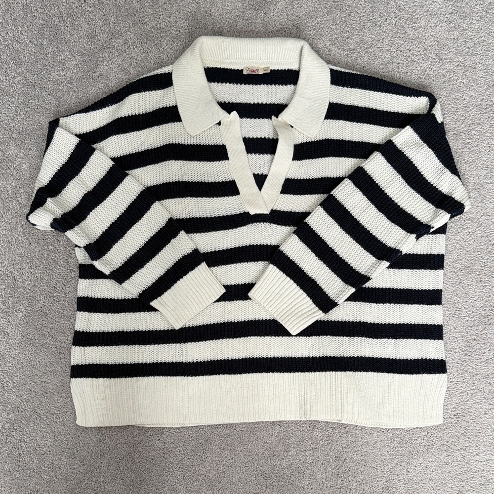 Faherty Blue and White Striped V-Neck Sweater